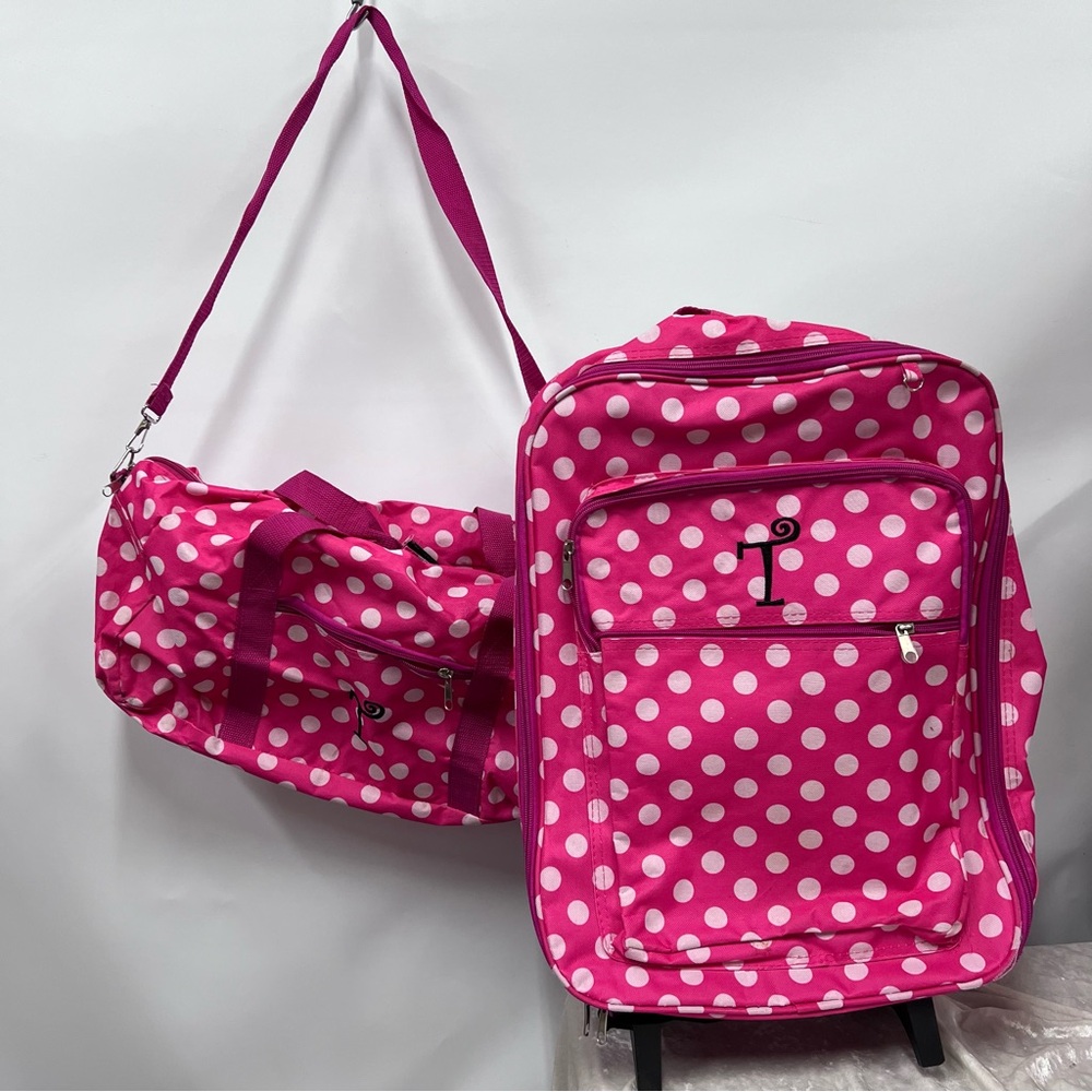 Pink Polka Dot girls 2 piece luggage monogrammed T Bag Set